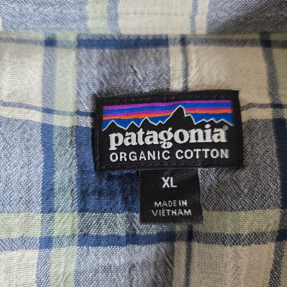 Patagonia Shirt Mens XL Blue Tan Plaid Organic Cotton Short Sleeve Button Up - Picture 5 of 7